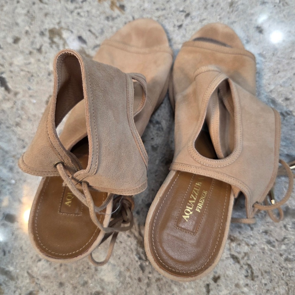 Aquazzura Firenze Tan Suede Lace Up Wedge Sandals Peep Toe‎  38 Made in Italy - Picture 14 of 14